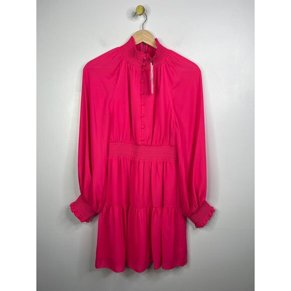 NWT Alice + Olivia Lavinia Smock Crepe Long Sleeve Fit & Flare Pink Mini Dress - Picture 2 of 10